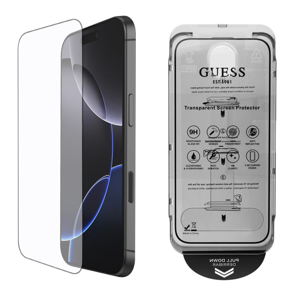 Pellicola Protettiva Schermo Guess Classic Outline per Apple iPhone 16 Pro Max, Vetro Temperato, Full Glue, 2.5D, Nera