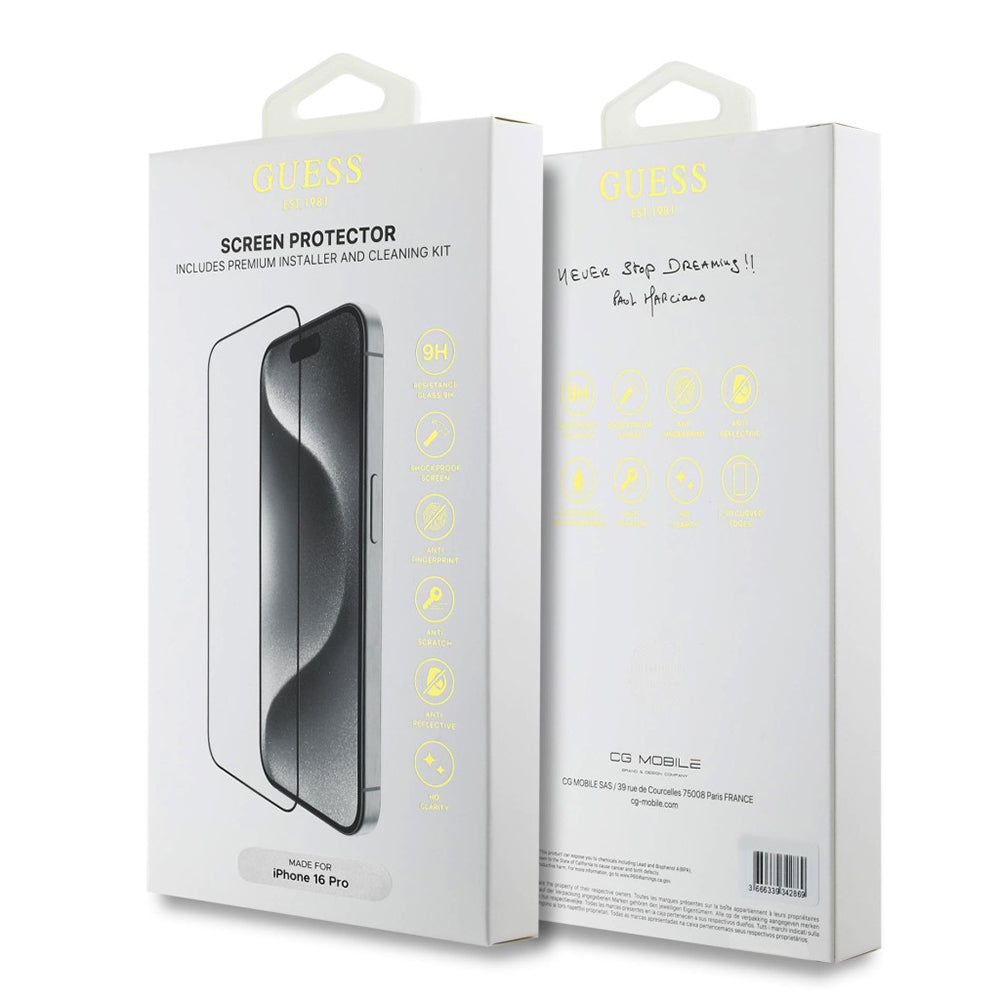 Pellicola Protettiva Schermo Guess Classic Outline per Apple iPhone 16 Pro Max, Vetro Temperato, Full Glue, 2.5D, Nera