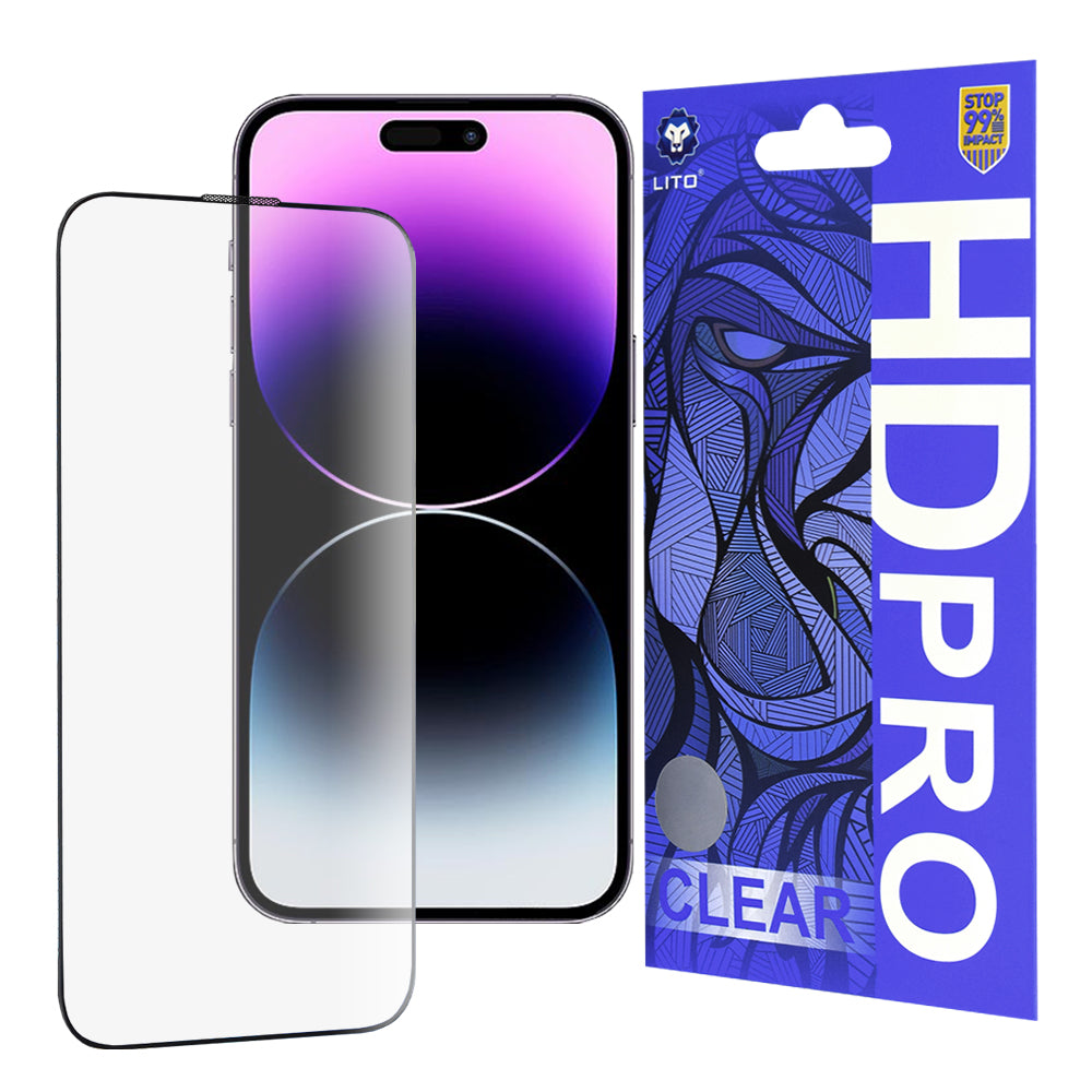 Pellicola protettiva per schermo Lito HD Pro Clear per Apple iPhone 14 Pro Max, Vetro temperato, Colla completa, Nera
