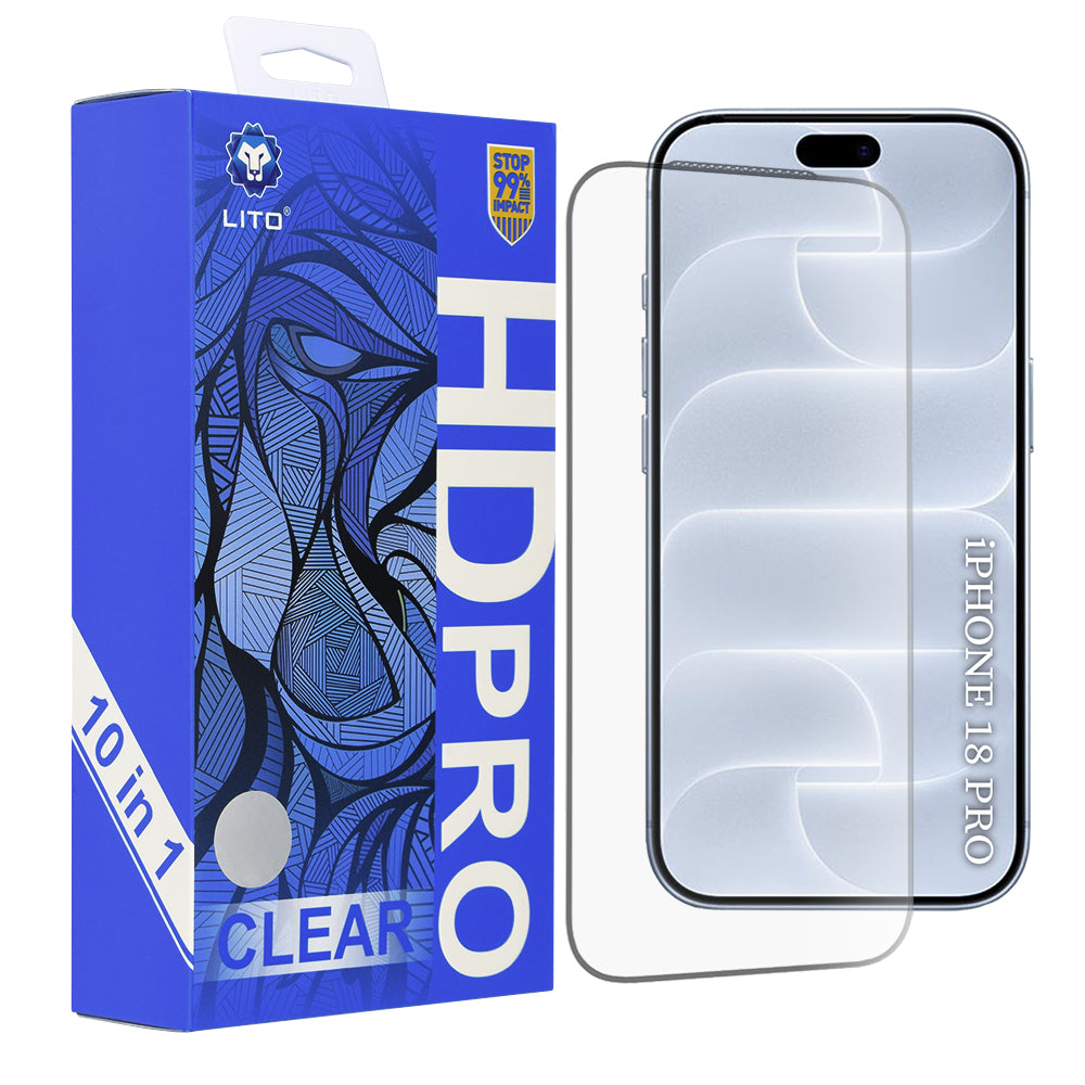 Pellicola protettiva per schermo Lito HD Pro per Apple iPhone 18 Pro / 17 Pro, vetro temperato, adesivo integrale, set da 10 pezzi, nera