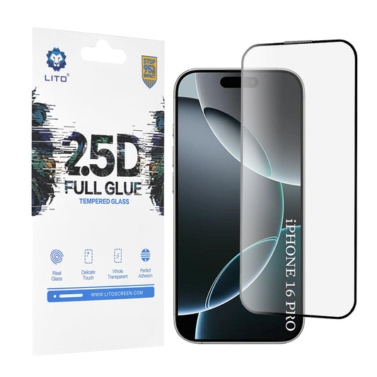 Lito Screen Protector for Apple iPhone 17 / 16 Pro, Tempered Glass, Full Glue, 2.5D, Black
