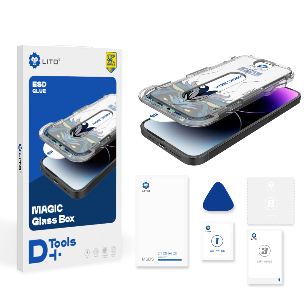 Pellicola protettiva schermo opaca Lito Magic Glass Box D+ Tools per Apple iPhone 16 Pro, vetro temperato, adesivo completo