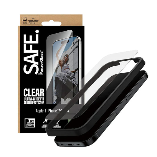 Pellicola Protettiva Schermo PanzerGlass Safe. Ultra-Wide Fit EasyAligner per Apple iPhone 17 / 16 Pro, Vetro Temperato, Full Glue.