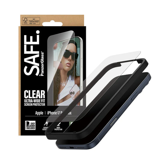 Pellicola protettiva Schermo PanzerGlass Safe. Ultra-Wide Fit EasyAligner per Apple iPhone 17 Pro Max, Vetro Temperato, Full Glue.