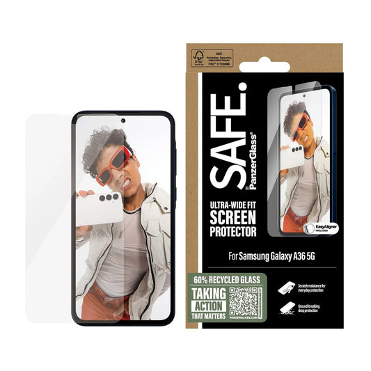 Pellicola Protettiva Schermo PanzerGlass Safe. Ultra-Wide Fit EasyAligner per Samsung Galaxy A36 A366, Vetro Temperato, Full Glue