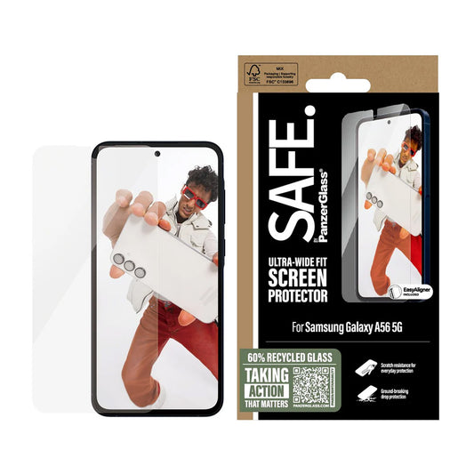 Pellicola protettiva per schermo PanzerGlass Safe. Ultra-Wide Fit EasyAligner per Samsung Galaxy A56 A566, Vetro Temperato, Full Glue.