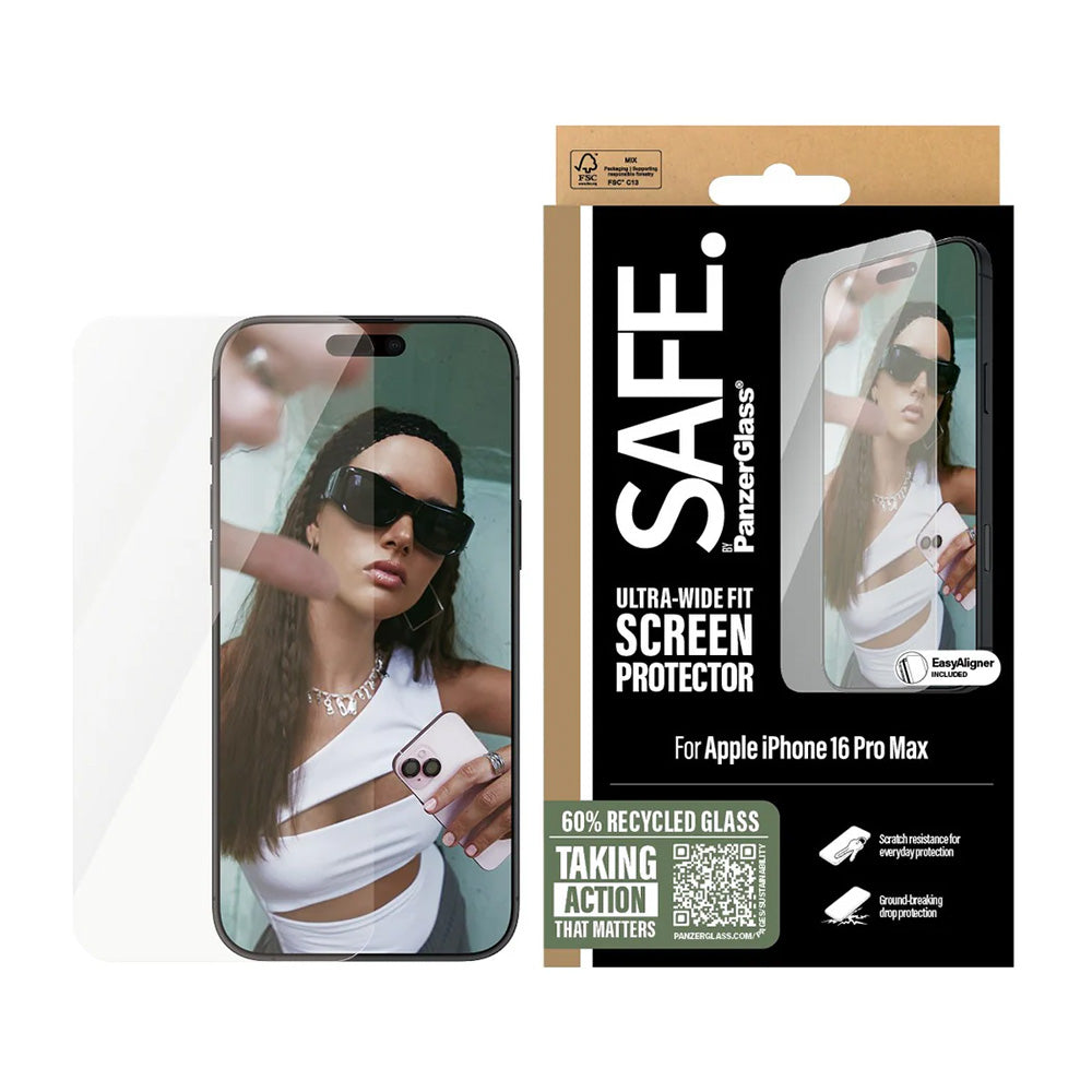 Pellicola Protettiva Schermo PanzerGlass Safe. Ultra-Wide Fit per Apple iPhone 16 Pro Max, Vetro Temperato, Full Glue.