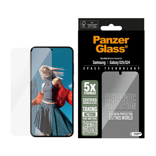 Pellicola Protettiva Schermo PanzerGlass Ultra-Wide Ceramic EasyAligner per Samsung Galaxy S25 S931 / S24 S921, Vetro Temperato, Full Glue
