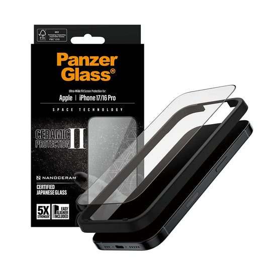 Pellicola Protettiva Schermo PanzerGlass Ultra-Wide Ceramic II EasyAligner per Apple iPhone 17 / 16 Pro, Vetro Temperato, Full Glue, Nera