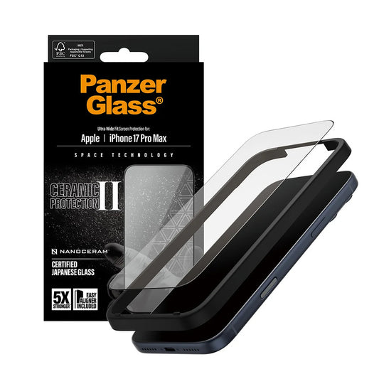 Pellicola Protettiva Schermo PanzerGlass Ultra-Wide Ceramic II EasyAligner per Apple iPhone 17 Pro Max, Vetro Temperato, Full Glue, Nera