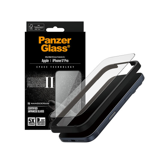 Pellicola Protettiva Schermo PanzerGlass Ultra-Wide Ceramic II EasyAligner per Apple iPhone 17 Pro, Vetro Temperato, Full Glue, Nera