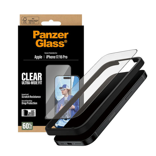 Pellicola protettiva schermo PanzerGlass Ultra-Wide Fit EasyAligner per Apple iPhone 17 / 16 Pro, Vetro Temperato, Full Glue, Nera