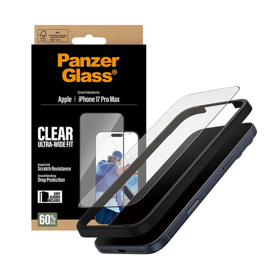 Pellicola Protettiva Schermo PanzerGlass Ultra-Wide Fit EasyAligner per Apple iPhone 17 Pro Max, Vetro Temperato, Full Glue, Nera