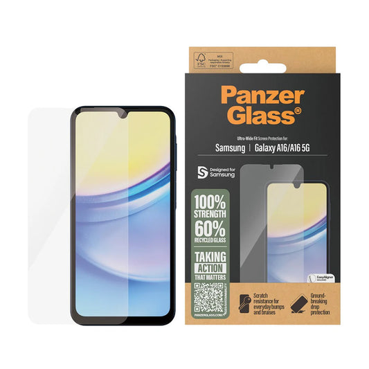 Pellicola Protettiva Schermo PanzerGlass Ultra-Wide Fit EasyAligner per Samsung Galaxy A16 5G A166 / A16 4G A165, Vetro Temperato, Full Glue