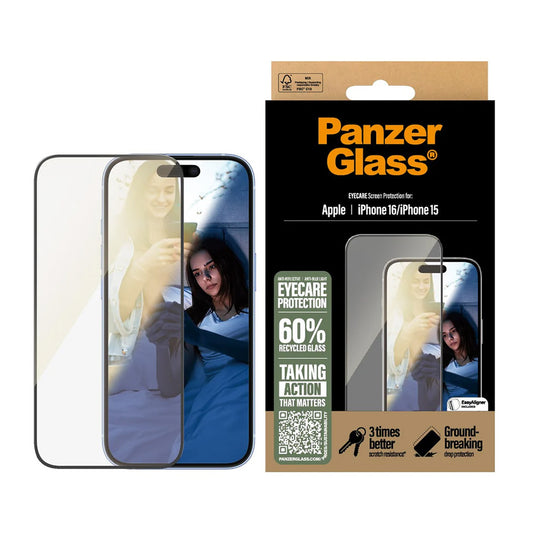 Pellicola Protettiva Schermo PanzerGlass Ultra-Wide Fit EyeCare per Apple iPhone 16 / 15, Vetro Temperato, Full Glue, Nera