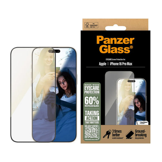 Pellicola protettiva Schermo PanzerGlass Ultra-Wide Fit EyeCare per Apple iPhone 16 Pro Max, Vetro Temperato, Full Glue, Nera