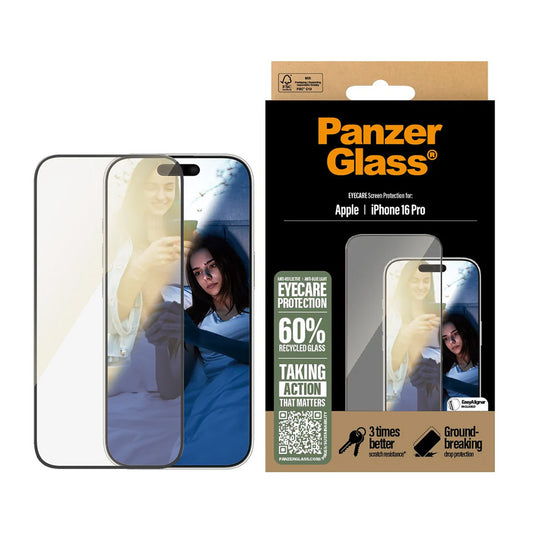 Pellicola protettiva Schermo PanzerGlass Ultra-Wide Fit EyeCare per Apple iPhone 16 Pro, Vetro Temperato, Full Glue, Nera
