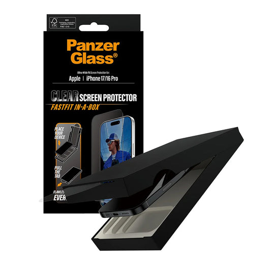 Pellicola Protettiva Schermo PanzerGlass Ultra-Wide Fit Fastfit per Apple iPhone 17 / 16 Pro, Vetro Temperato, Full Glue, Nera