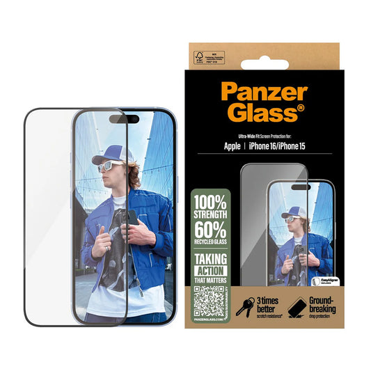 Pellicola Protettiva Schermo PanzerGlass Ultra-Wide Fit per Apple iPhone 16 / 15, Vetro Temperato, Full Glue, Nera