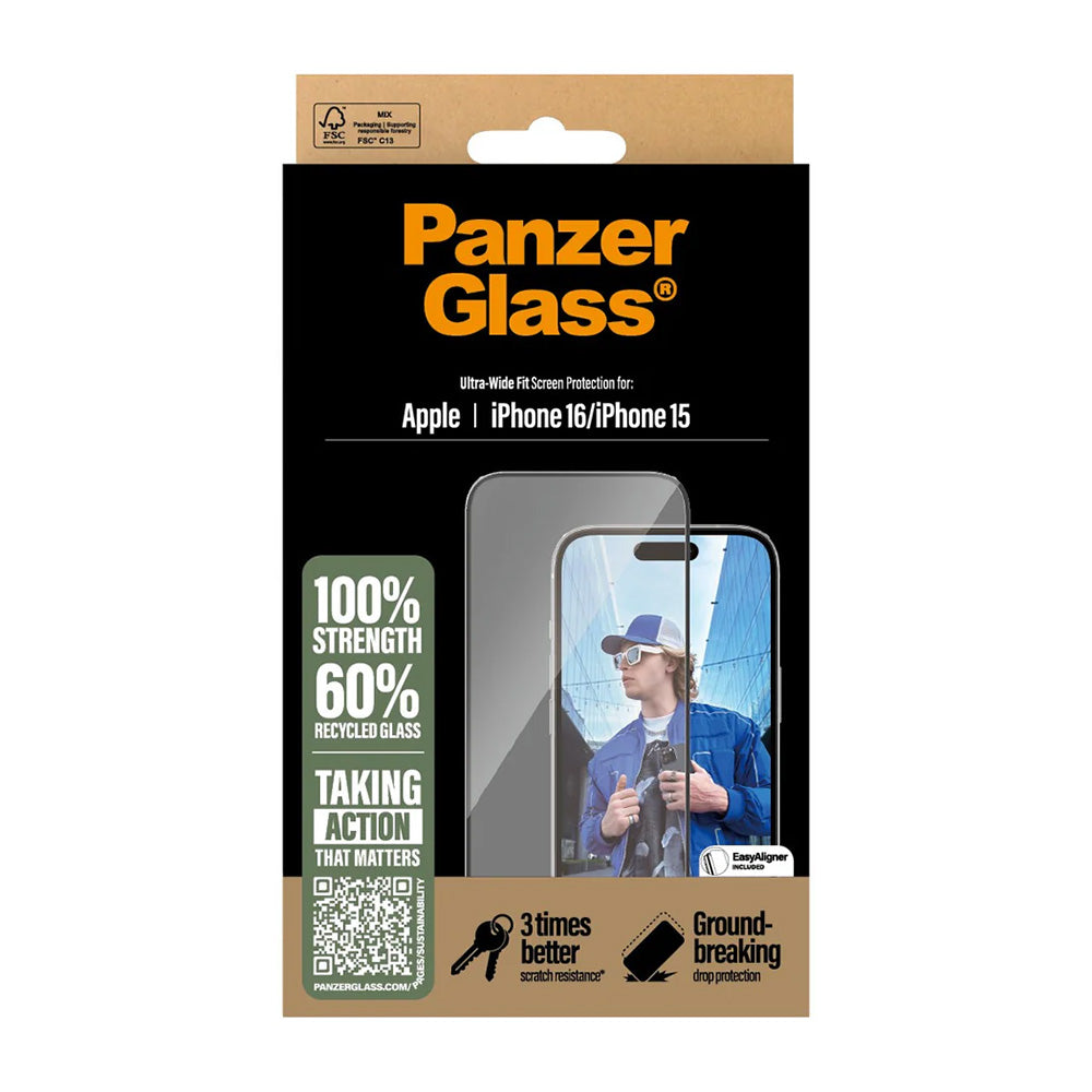 Pellicola Protettiva Schermo PanzerGlass Ultra-Wide Fit per Apple iPhone 16 / 15, Vetro Temperato, Full Glue, Nera