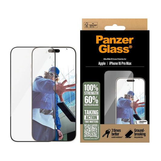 Pellicola protettiva schermo PanzerGlass Ultra-Wide Fit per Apple iPhone 16 Pro Max, Vetro Temperato, Full Glue, Nera