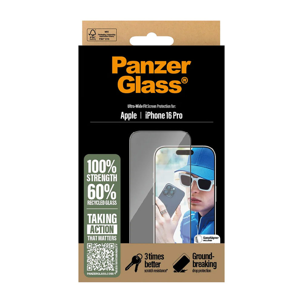 Pellicola Protettiva Schermo PanzerGlass Ultra-Wide Fit per Apple iPhone 16 Pro, Vetro Temperato, Full Glue, Nera
