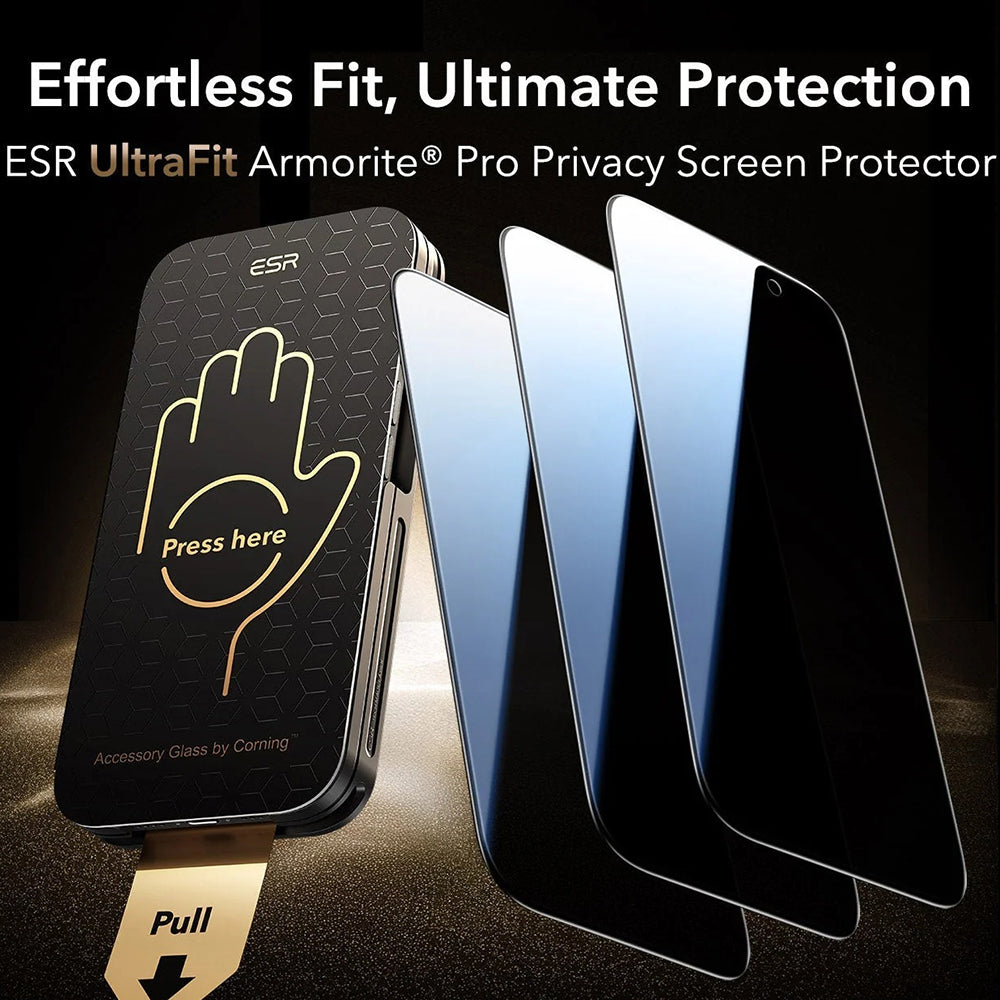 Pellicola protettiva Privacy Screen ESR UltraFit Armorite Pro per Apple iPhone 17 Pro, Vetro Temperato, Full Glue, Set 3 pezzi
