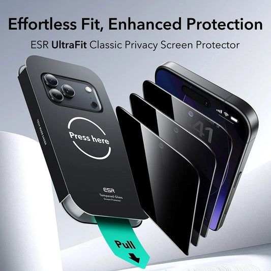 Privacy Screen Protector ESR UltraFit for Apple iPhone 17 Pro, Tempered Glass, Full Glue, Set of 3 Pieces