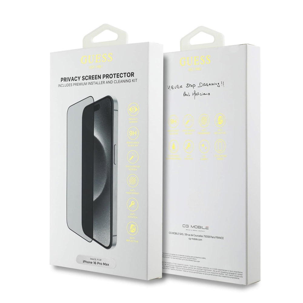 Pellicola Protettiva Schermo Privacy Guess per Apple iPhone 16 Pro, Vetro Temperato, Full Glue, 2.5D