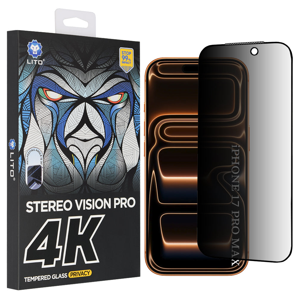 Pellicola Protettiva Schermo Privacy Lito D+ Max 4K per Apple iPhone 17 Pro Max, Vetro Temperato, Full Glue