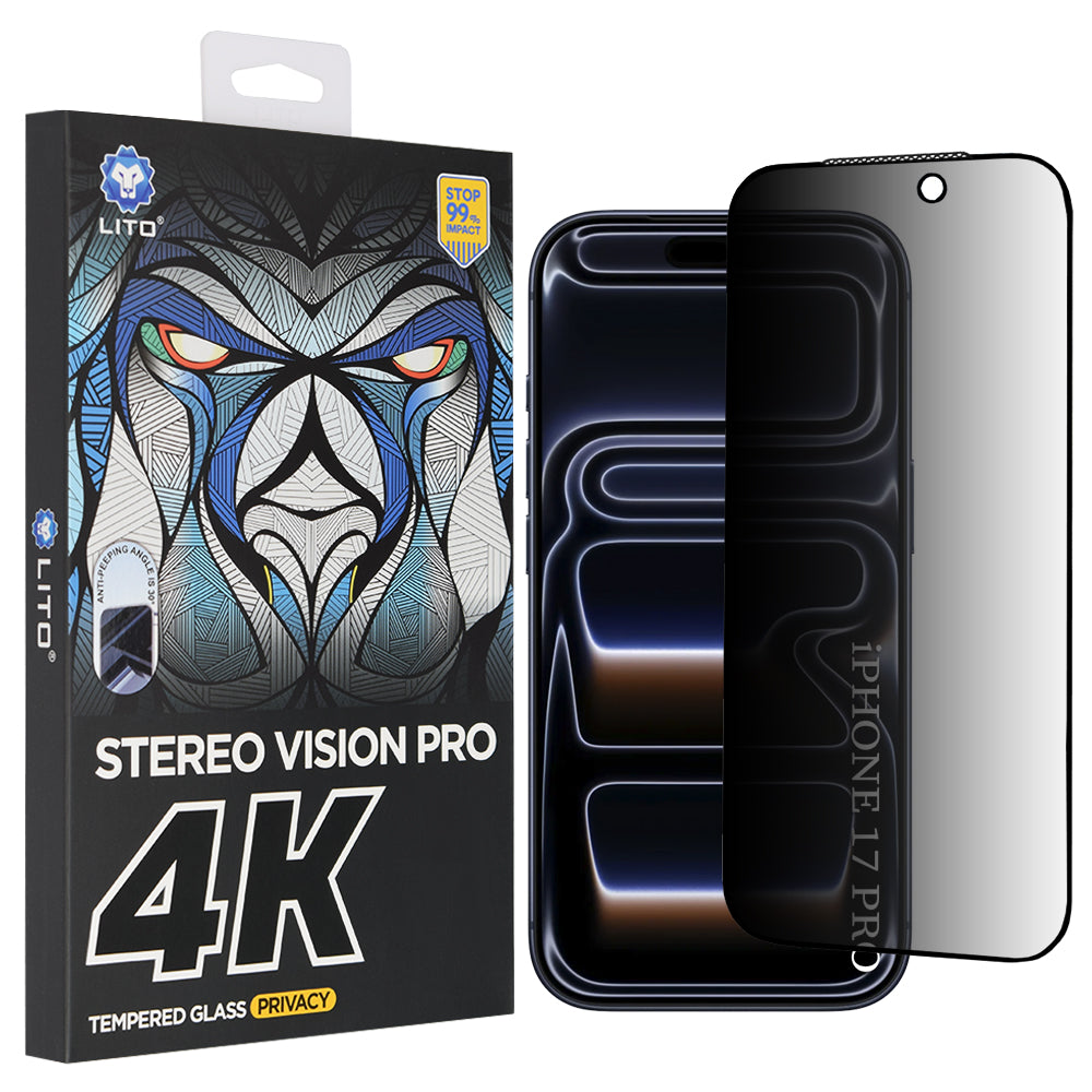 Pellicola Protettiva Schermo Privacy Lito D+ Max 4K per Apple iPhone 17 Pro, Vetro Temperato, Full Glue