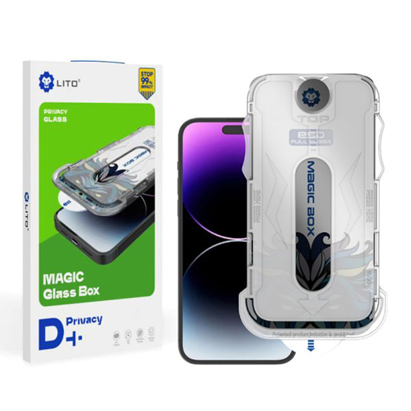 Pellicola protettiva per schermo Privacy Lito Magic Glass Box D+ Tools per Apple iPhone 16 Plus, Vetro Temperato, Colla Completa