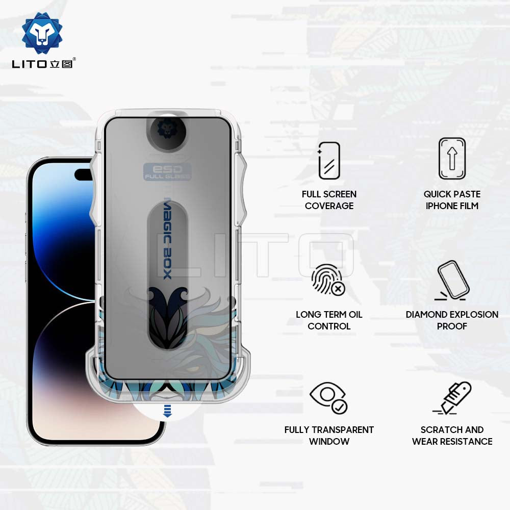 Pellicola protettiva per schermo Privacy Lito Magic Glass Box D+ Tools per Apple iPhone 16 Plus, Vetro Temperato, Colla Completa