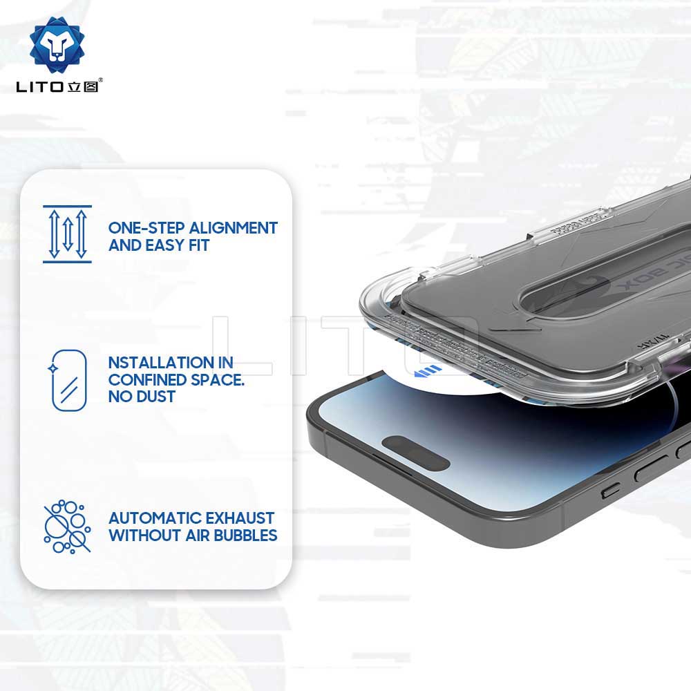 Pellicola protettiva per schermo Privacy Lito Magic Glass Box D+ Tools per Apple iPhone 16 Plus, Vetro Temperato, Colla Completa