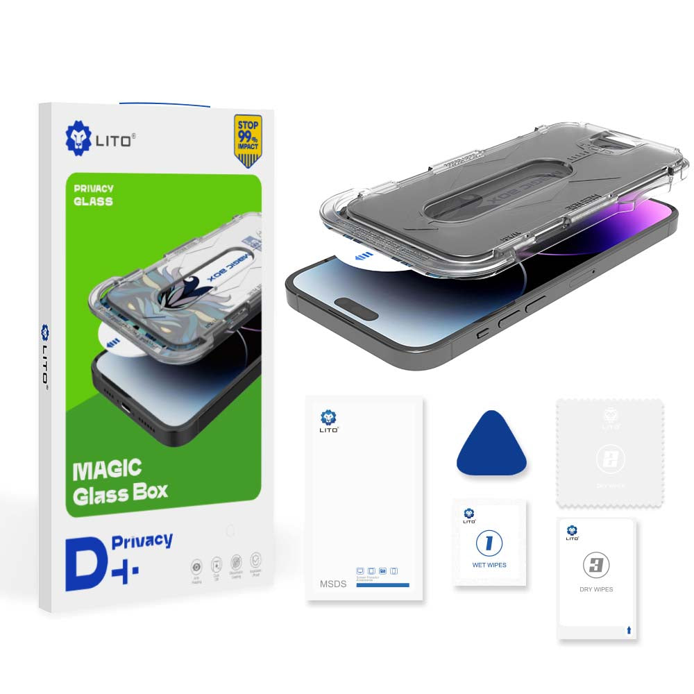 Pellicola protettiva per schermo Privacy Lito Magic Glass Box D+ Tools per Apple iPhone 16 Plus, Vetro Temperato, Colla Completa