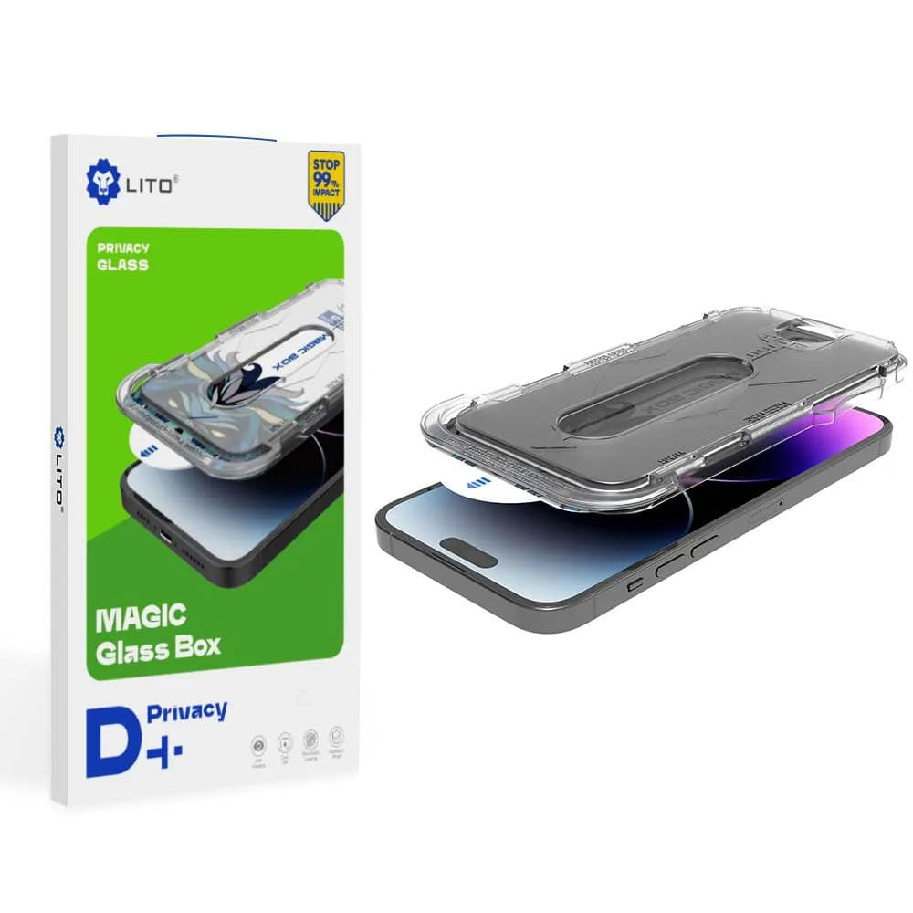 Pellicola protettiva per schermo Privacy Lito Magic Glass Box D+ Tools per Apple iPhone 17e / 16e / 14 / 13 Pro, Vetro Temperato, Colla Completa