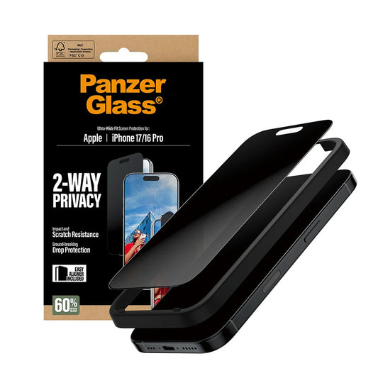 Pellicola Protettiva Schermo Privacy PanzerGlass Ultra-Wide Fit 2-Way EasyAligner per Apple iPhone 17 / 16 Pro, Vetro Temperato, Full Glue