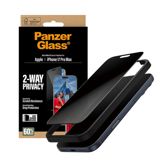 Pellicola Protettiva Schermo Privacy PanzerGlass Ultra-Wide Fit 2-Way EasyAligner per Apple iPhone 17 Pro Max, Vetro Temperato, Full Glue