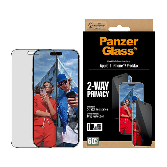 Pellicola Protettiva Schermo Privacy PanzerGlass Ultra-Wide Fit 2-Way EasyAligner per Apple iPhone 17 Pro Max, Vetro Temperato, Full Glue