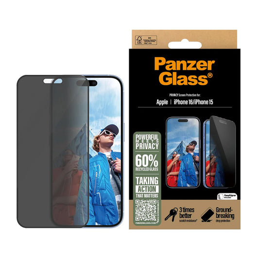 Pellicola Protettiva Schermo Privacy PanzerGlass Ultra-Wide Fit EasyAligner per Apple iPhone 16 / 15, Vetro Temperato, Full Glue