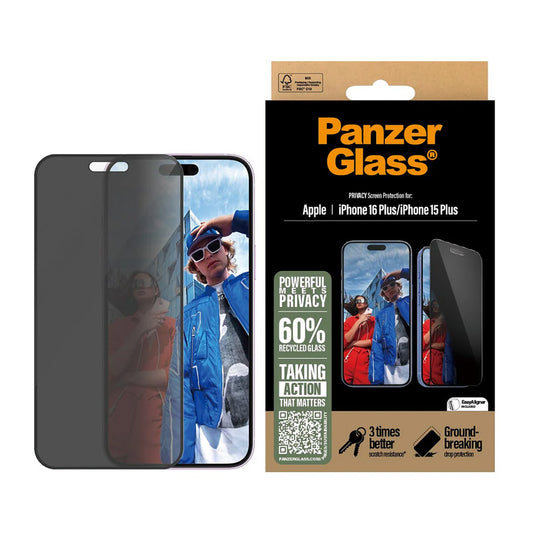 Pellicola Protettiva Schermo Privacy PanzerGlass Ultra-Wide Fit EasyAligner per Apple iPhone 16 Plus / 15 Plus, Vetro Temperato, Full Glue