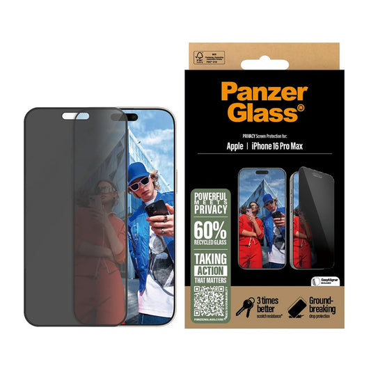 Pellicola Protettiva Schermo Privacy PanzerGlass Ultra-Wide Fit EasyAligner per Apple iPhone 16 Pro Max, Vetro Temperato, Full Glue