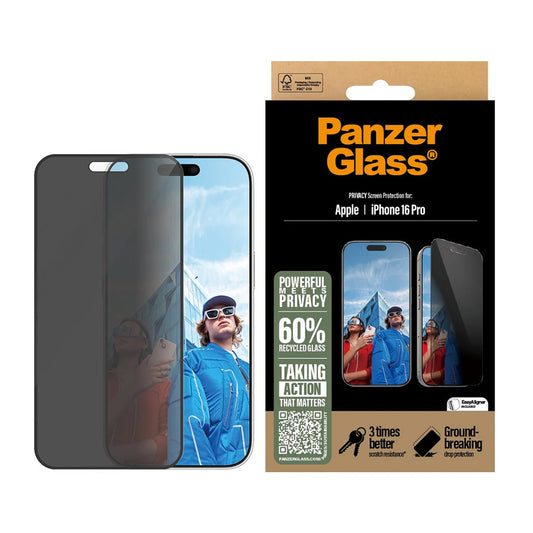 Pellicola Protettiva Schermo Privacy PanzerGlass Ultra-Wide Fit EasyAligner per Apple iPhone 16 Pro, Vetro Temperato, Full Glue