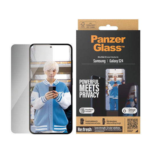 Pellicola Protettiva Schermo Privacy PanzerGlass Ultra-Wide Fit EasyAligner per Samsung Galaxy S24 S921, Vetro Temperato, Full Glue