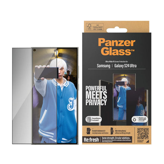 Pellicola Protettiva Schermo Privacy PanzerGlass Ultra-Wide Fit EasyAligner per Samsung Galaxy S24 Ultra S928, Vetro Temperato, Full Glue
