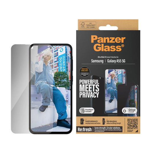 Pellicola Protettiva Schermo Privacy PanzerGlass Ultra-Wide Fit per Samsung Galaxy A55 5G A556, Vetro Temperato, Full Glue