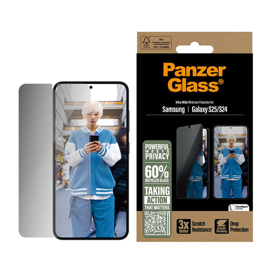 Pellicola Protettiva Schermo Privacy PanzerGlass Ultra-Wide Fit per Samsung Galaxy S25 S931 / S24 S921, Vetro Temperato, Full Glue