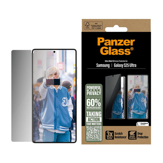 Pellicola Protettiva Schermo Privacy PanzerGlass Ultra-Wide Fit per Samsung Galaxy S25 Ultra S938, Vetro Temperato, Full Glue
