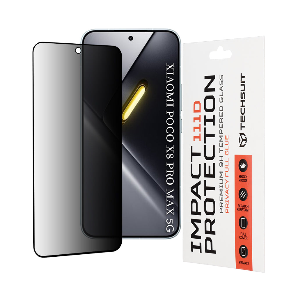Pellicola Protettiva Schermo Privacy Techsuit per Xiaomi Poco X8 Pro Max, Vetro Temperato, Full Glue, 111D