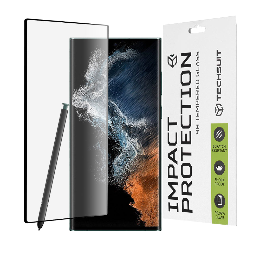 Pellicola Protettiva per Schermo Techsuit per Samsung Galaxy S22 Ultra 5G S908, Vetro Temperato, Full Glue, 111D, Nero